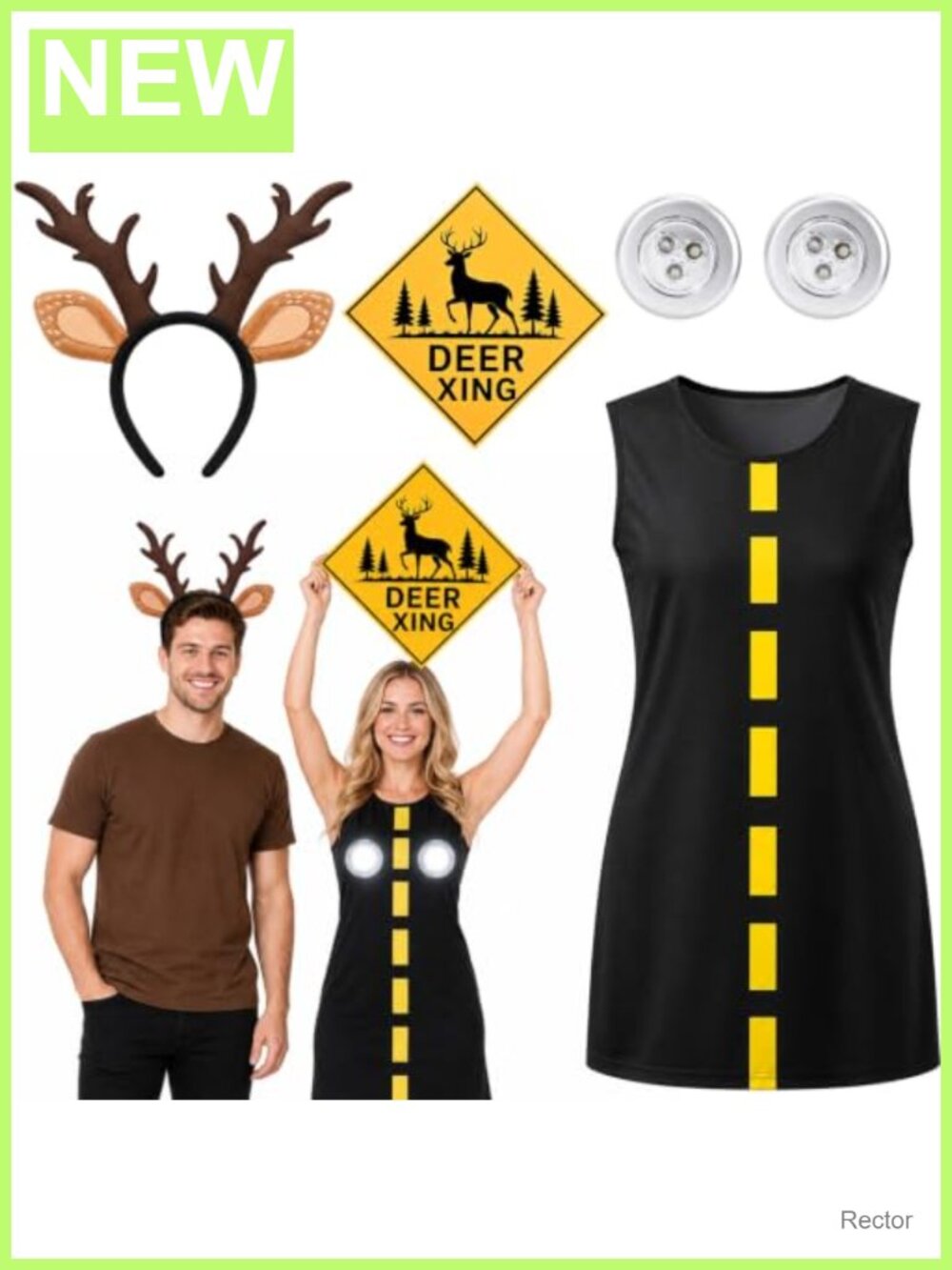 Deer and Headlights Couples Costume 5 Pc Dress Headband Road Sign Set